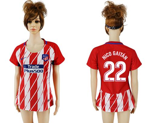 Women's Atletico Madrid #22 Nico Gaitan Home Soccer Club Jersey - Click Image to Close